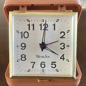 Vintage WESTCLOX Wind Up Travel Alarm Clock with Brown Folding Case